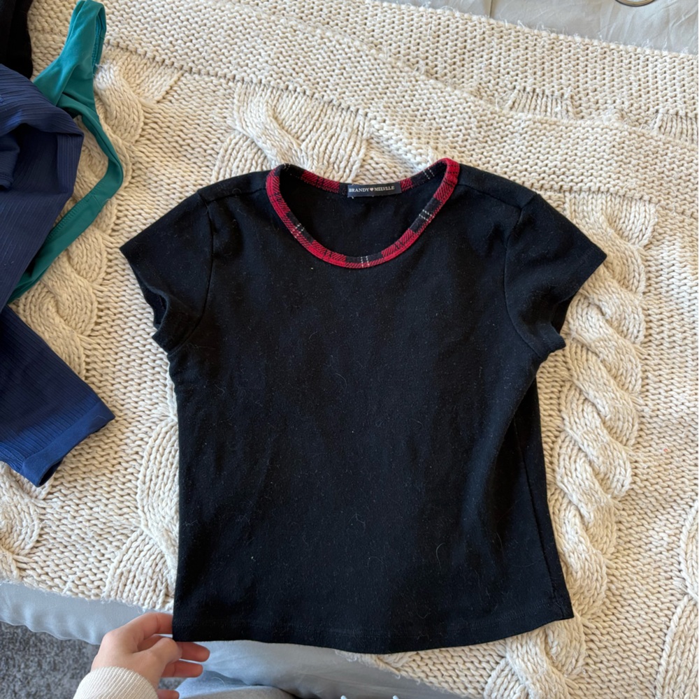 Brandy Melville Black Top with Red Plaid Trim